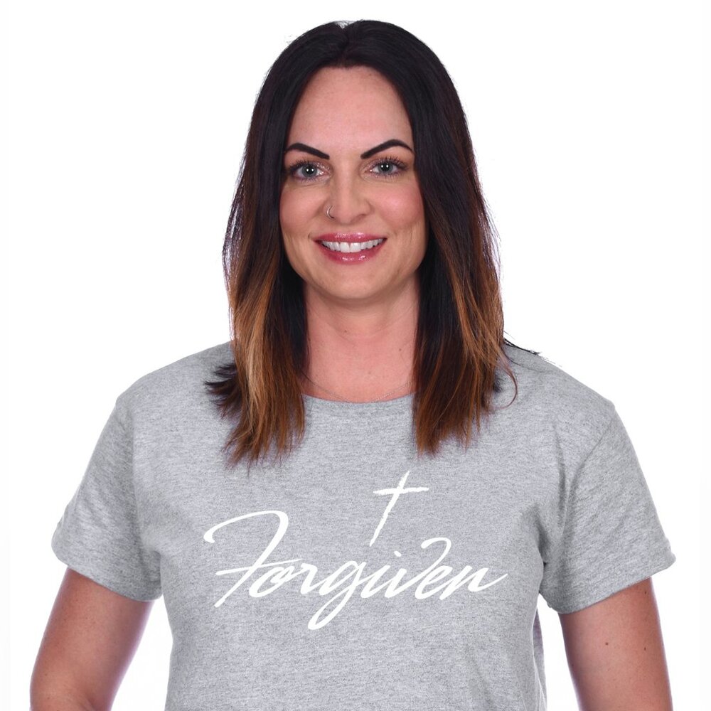 JH Design Women's Religious Christian Forgiven Hunter-Grey -Shirt